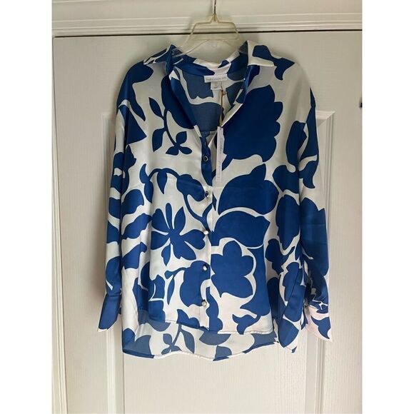 New House of Harlow 1960s long sleeve satin button down blouse size Large - Picture 1 of 4